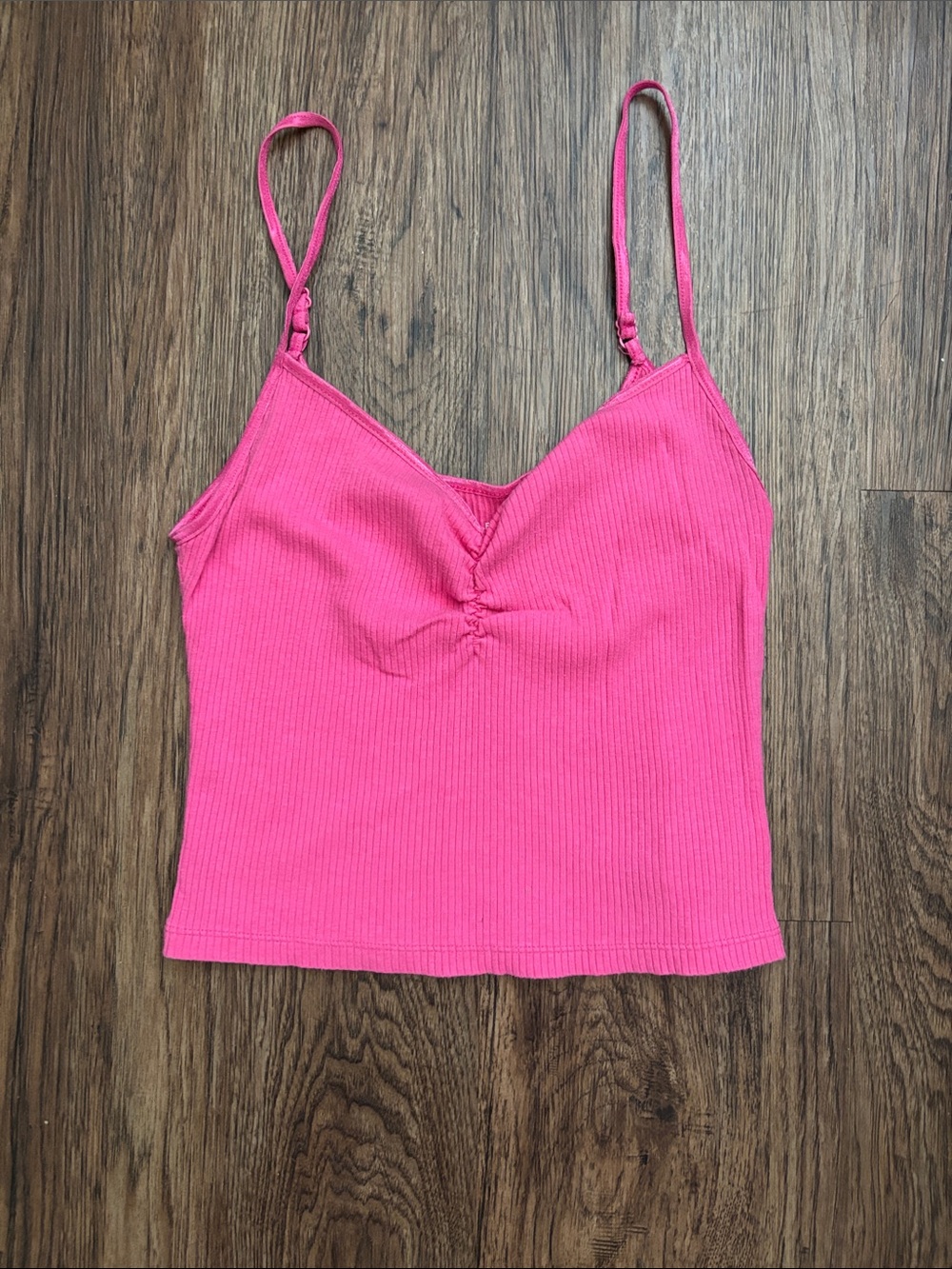 American Eagle Hot Pink Ribbed Ruched V-Neck Cami Crop Tank Top M
